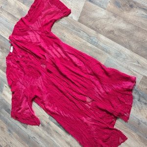 Women's red sheer Bohemian cardigan with bell sleeves